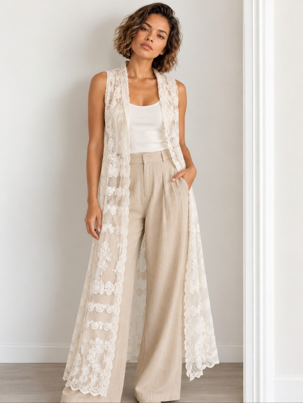 Rachel Zoe Ivory Long Lace Duster Kimono – One Size | Boho Romantic Layer